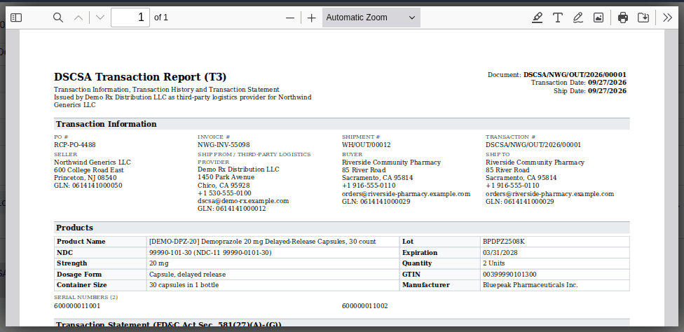 Screenshot of the T3 report preview of an owner document: the issued-by line, the owner as Seller and the third-party logistics block.