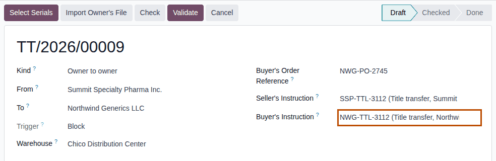 Screenshot of the saved owner-to-owner title transfer TT/2026/00009 from Summit to Northwind, with both instructions. Buyer's Instruction is outlined.