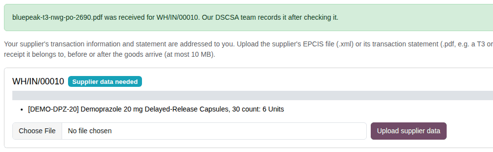 Screenshot of the owner portal's Receipts page after a PDF upload: a green message confirms the file was received for the receipt.