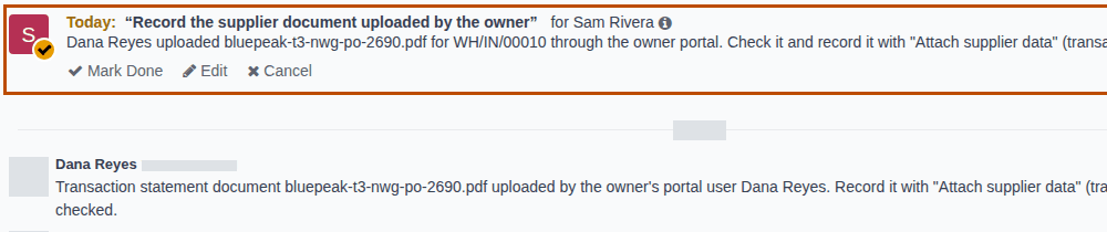 Screenshot of a Northwind receipt's chatter: the owner's PDF upload note and the to-do Record the supplier document uploaded by the owner.
