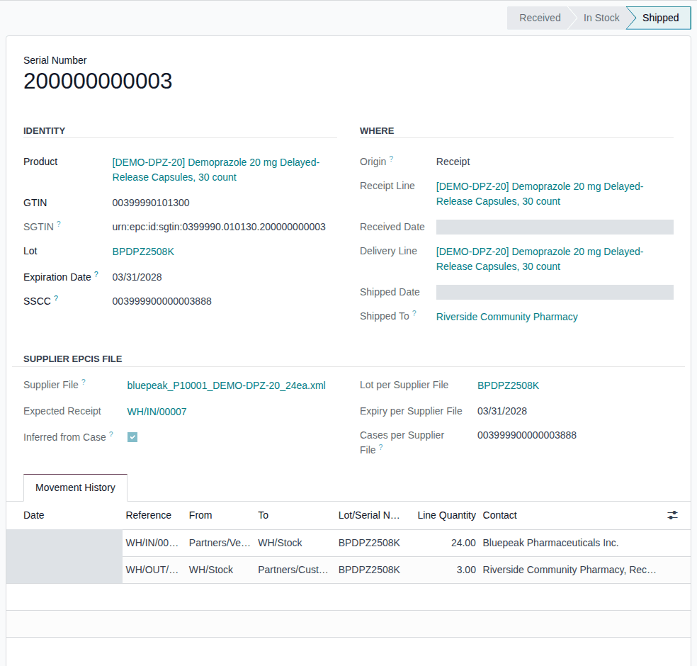 Screenshot of shipped package 200000000003: its receipt and delivery lines, Shipped To Riverside, and two moves in Movement History.