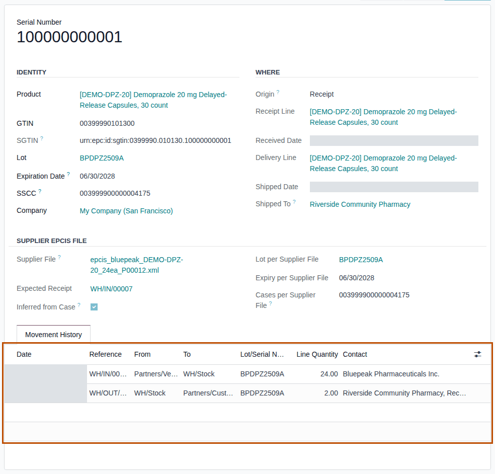 Screenshot of package 100000000001, shipped to Riverside, with its Movement History tab outlined.