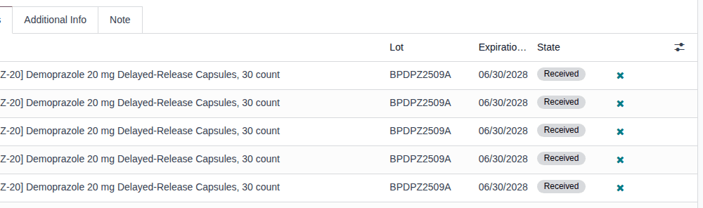 Screenshot of the DSCSA Packages tab after the case scan: Demoprazole units of lot BPDPZ2509A in the Received state, each with a remove icon.