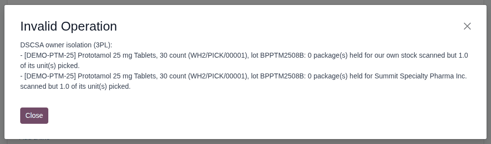 Screenshot of the Invalid Operation window of pick WH2/PICK/00001: nothing scanned for our own stock and for Summit Specialty Pharma.