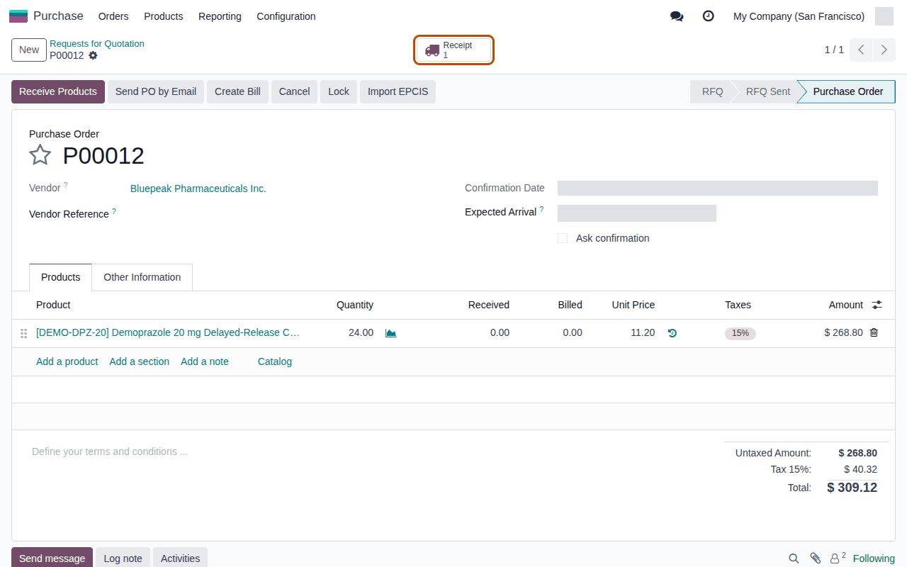 Screenshot of purchase order P00012 from Bluepeak for 24 Demoprazole, confirmed; the Receipt smart button is outlined.
