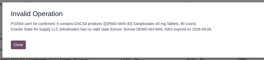 Screenshot of the Invalid Operation dialog refusing to confirm P10004 because Granite State's state license expired.