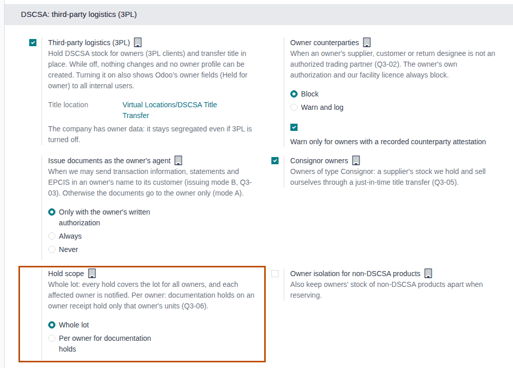 Screenshot of the 3PL policies in the settings, with the Hold scope setting outlined.
