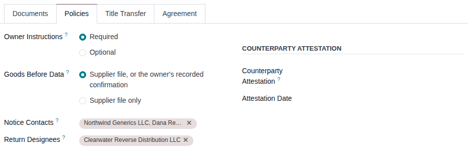 Screenshot of the Policies tab of Northwind Generics' profile: instructions required, goods before data, notice contact, return designee.