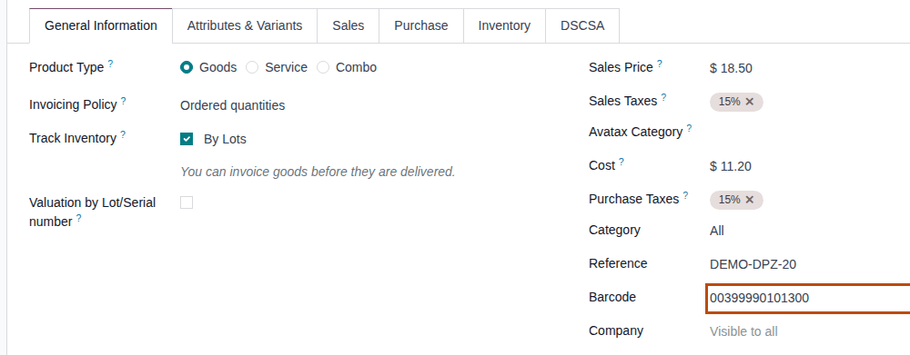 Screenshot of the General Information tab of the Demoprazole product form. The Barcode field, set to the GTIN, is outlined.