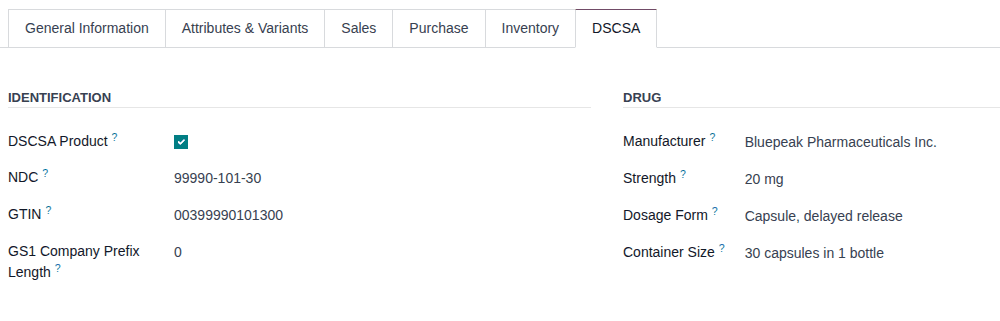 Screenshot of the DSCSA tab of the Demoprazole product form, with the NDC, the computed GTIN and the drug data.