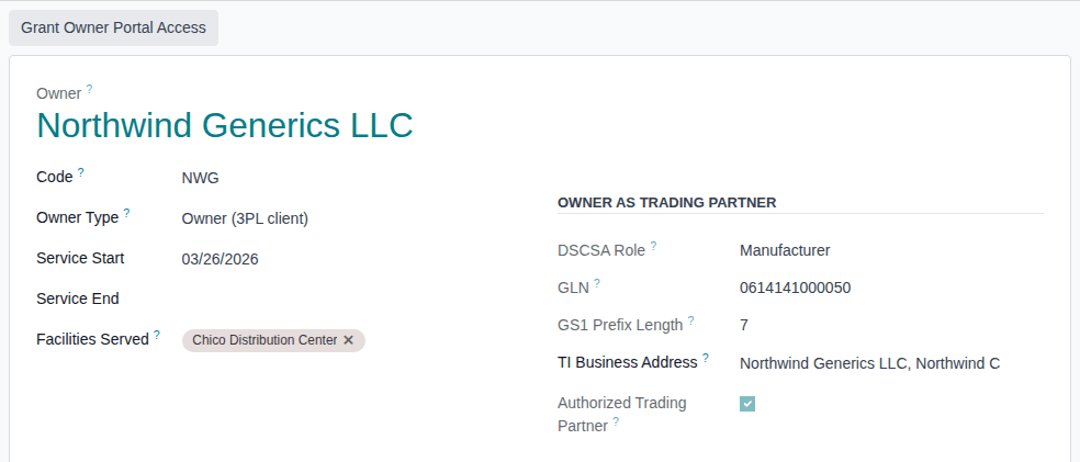 Screenshot of Northwind Generics' owner profile: Grant Owner Portal Access, Code, Owner Type, dates and the Owner as trading partner group.