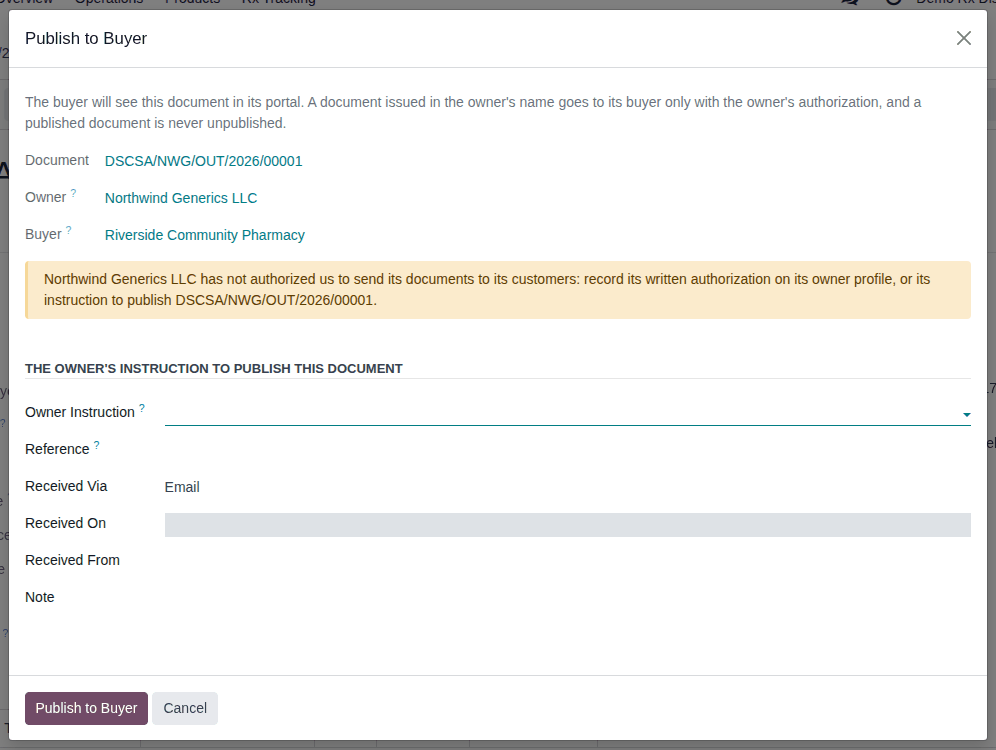 Screenshot of the Publish to Buyer window with the yellow banner and the owner's instruction fields.
