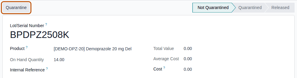 Screenshot of lot BPDPZ2508K, Not Quarantined, with its On Hand Quantity of 14. The Quarantine button is outlined.
