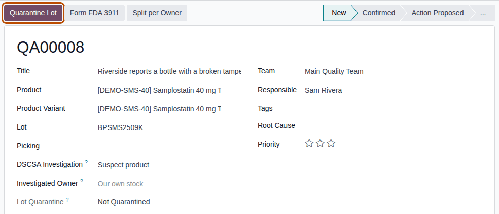 Screenshot of investigation QA00008 of lot BPSMS2509K, Not Quarantined. The Quarantine Lot button is outlined.