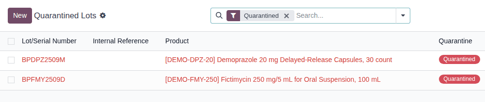 Screenshot of the Quarantined Lots list with the Quarantined filter: lots BPDPZ2509M and BPFMY2509D.