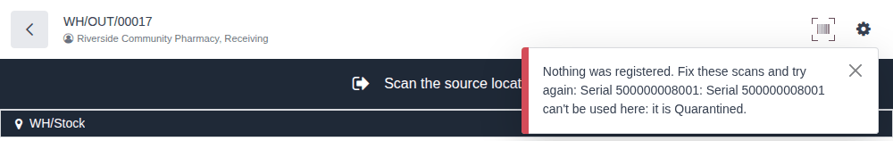 Screenshot of the red notification saying serial 500000008001 can't be used here because it is Quarantined.