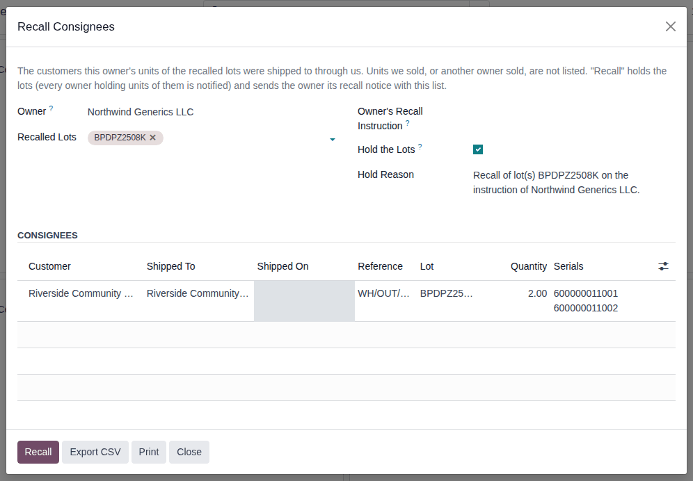 Screenshot of the Recall Consignees window for Northwind Generics LLC and lot BPDPZ2508K: one shipment to Riverside Community Pharmacy.