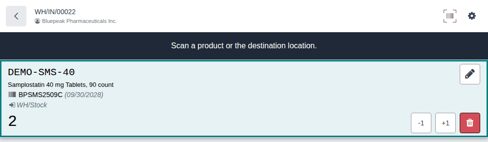 Screenshot of the Samplostatin line after two scans, with lot BPSMS2509C, its expiry date and the quantity 2.