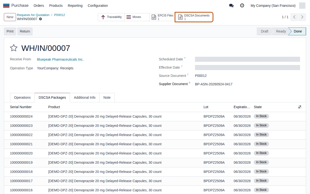 Screenshot of receipt WH/IN/00007, Done, with 24 bottles In Stock; the DSCSA Documents smart button is outlined.