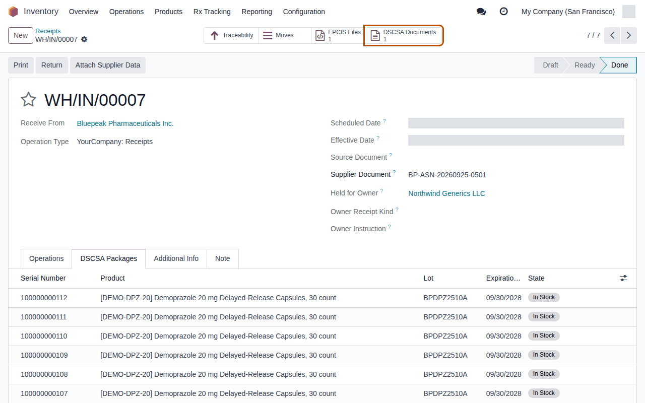 Screenshot of receipt WH/IN/00007, Done, held for Northwind, with 12 bottles In Stock; the DSCSA Documents smart button is outlined.