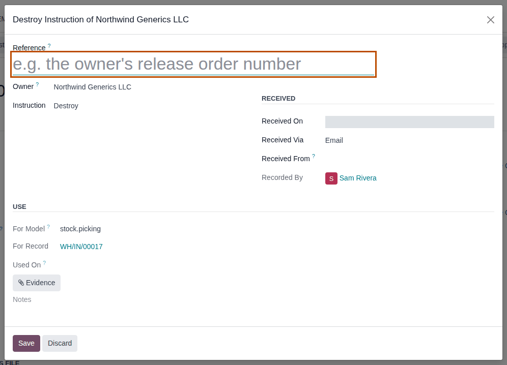 Screenshot of the Destroy Instruction of Northwind Generics LLC window, recorded for the return WH/IN/00017. Reference is outlined.