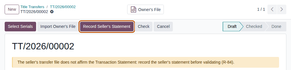 Screenshot of Northwind's title transfer with the yellow banner. Record Seller's Statement is outlined.