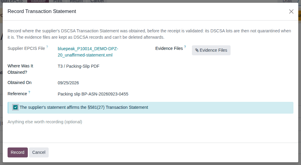 Screenshot of the Record Transaction Statement dialog filled in for a packing slip, with the affirmation selected.
