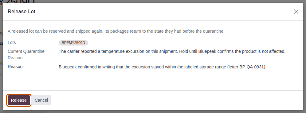 Screenshot of the Release Lot dialog for BPFMY2509D, showing the temperature excursion as the current reason and the release reason.