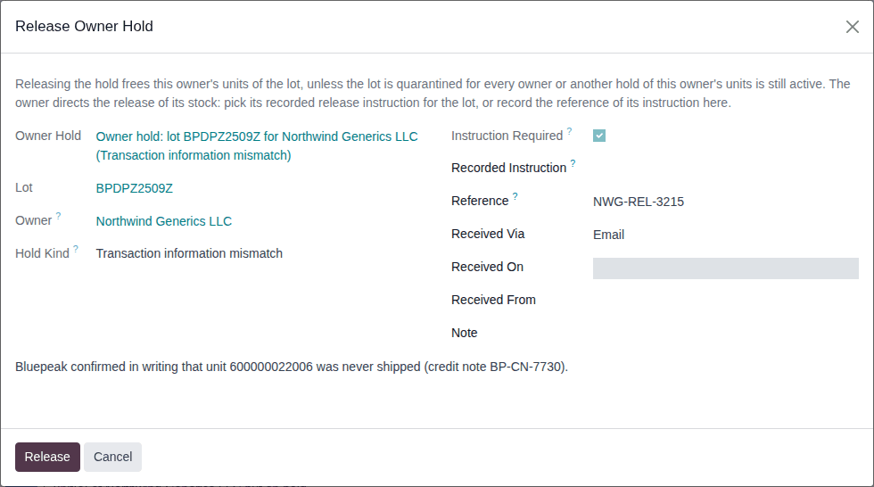 Screenshot of the Release Owner Hold window for lot BPDPZ2509Z, with the owner's reference and the release reason entered.