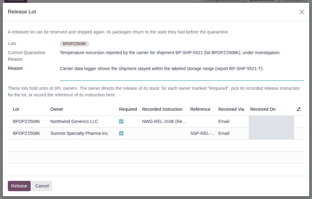 Screenshot of the Release Lot dialog for BPDPZ2508K: Northwind's recorded instruction picked, Summit's reference typed.
