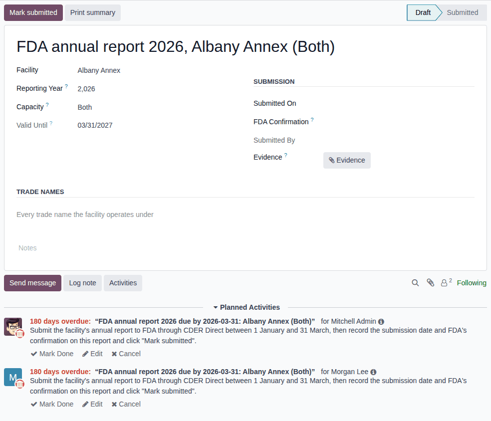 Screenshot of the draft FDA annual report the reminder job made, with its FDA annual report due activities for two managers.