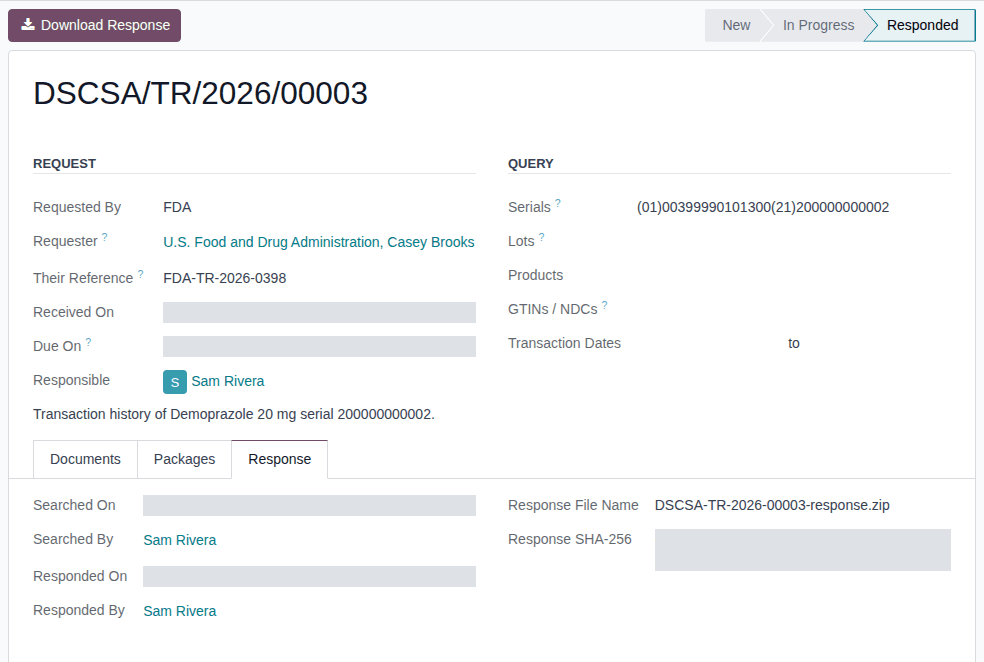 Screenshot of the responded request DSCSA/TR/2026/00003: Download Response, the Responded status and the Response tab with the file name.