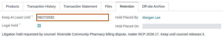 Screenshot of a document's Retention tab: Keep At Least Until 09/27/2032 (outlined), Legal Hold selected, who placed it and the reason.