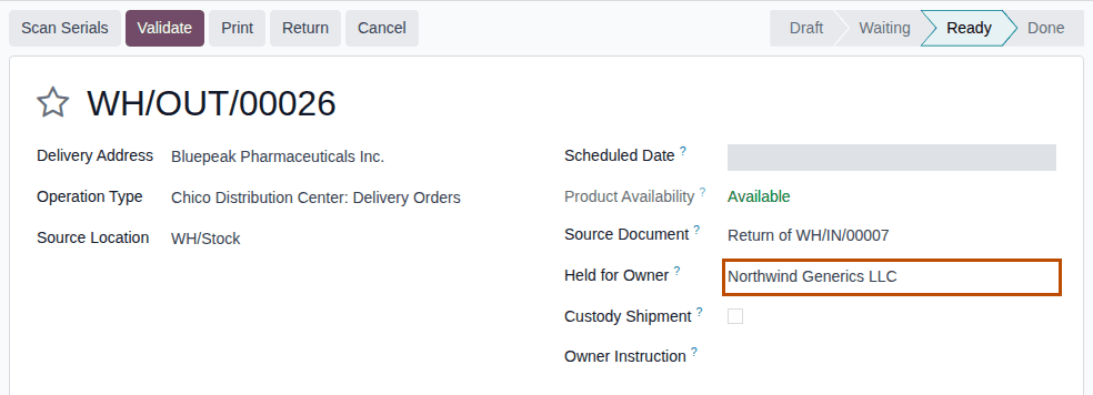 Screenshot of the return WH/OUT/00026 to Bluepeak: Held for Owner Northwind Generics LLC, Custody Shipment and an empty Owner Instruction.