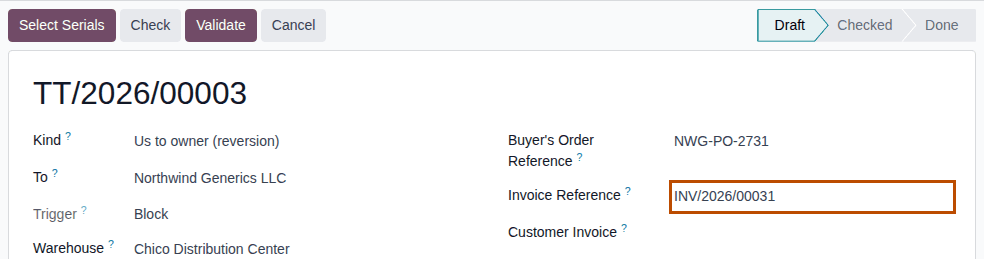 Screenshot of the draft reversion TT/2026/00003 to Northwind with NWG-PO-2731 and INV/2026/00031. Invoice Reference is outlined.