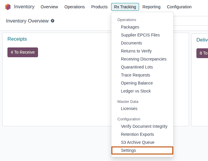 Screenshot of the Inventory menu bar with the Rx Tracking dropdown open, showing its three sections. Settings is outlined.