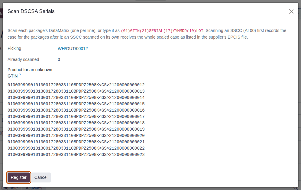 Screenshot of the Scan DSCSA Serials dialog on WH/OUT/00012 with twelve Demoprazole lines pasted. Register is outlined.