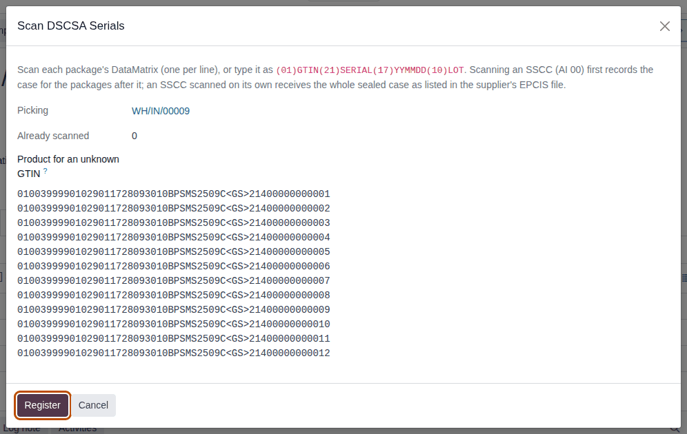 Screenshot of the Scan DSCSA Serials dialog on WH/IN/00009 with twelve Samplostatin DataMatrix lines pasted. Register is outlined.