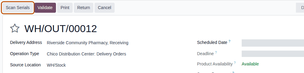Screenshot of the delivery WH/OUT/00012 in the Ready state. The Scan Serials button is outlined.
