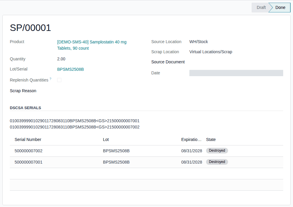 Screenshot of the done scrap SP/00001 of Samplostatin: two serials of lot BPSMS2508B with the state Destroyed.