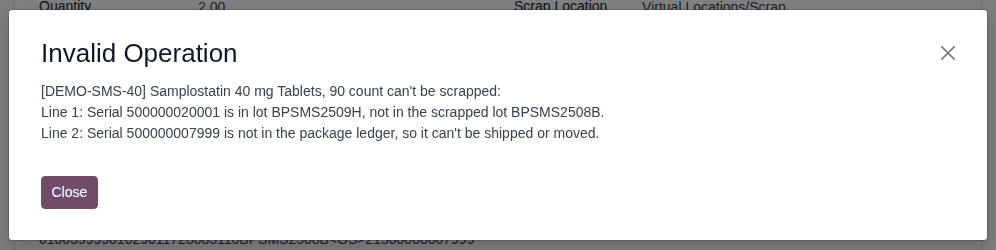 Screenshot of the Invalid Operation dialog: Samplostatin can't be scrapped, one serial is in another lot and one isn't in the ledger.