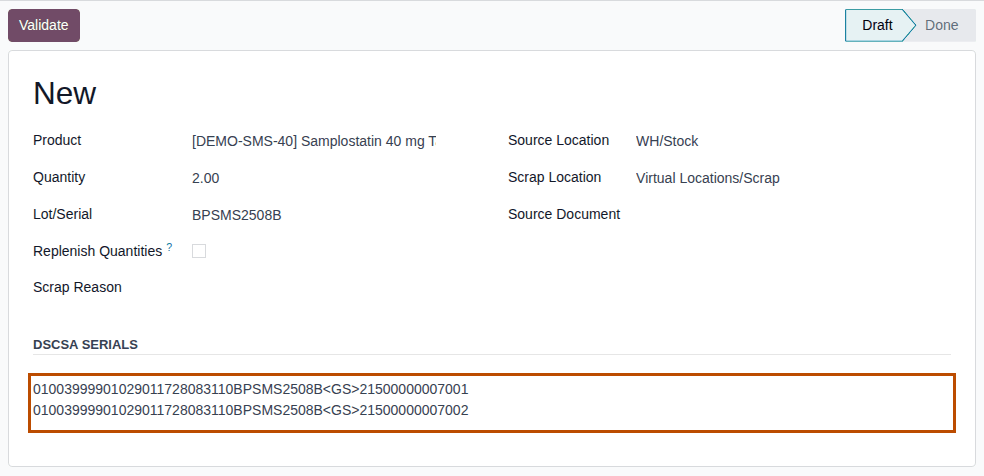 Screenshot of a new scrap of Samplostatin: Quantity 2.00, lot BPSMS2508B and two DataMatrix lines. The DSCSA Serials box is outlined.
