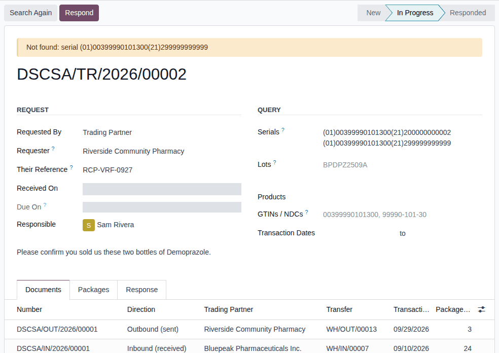 Screenshot of trace request DSCSA/TR/2026/00002, In Progress: the Not found banner, the query and the Documents tab with two documents.