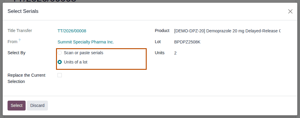Screenshot of the Select Serials window for Summit's transfer: Units of a lot, Demoprazole, lot BPDPZ2508K, 2 units. Select By is outlined.