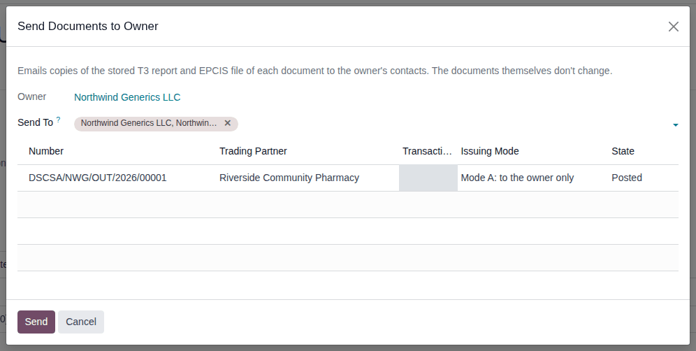 Screenshot of the Send Documents to Owner window: the owner, the Send To contact and one mode-A document.