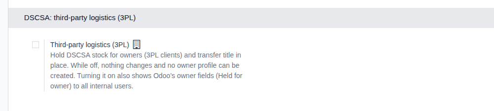 Screenshot of the DSCSA: third-party logistics (3PL) settings block while 3PL is off: only its checkbox is shown.