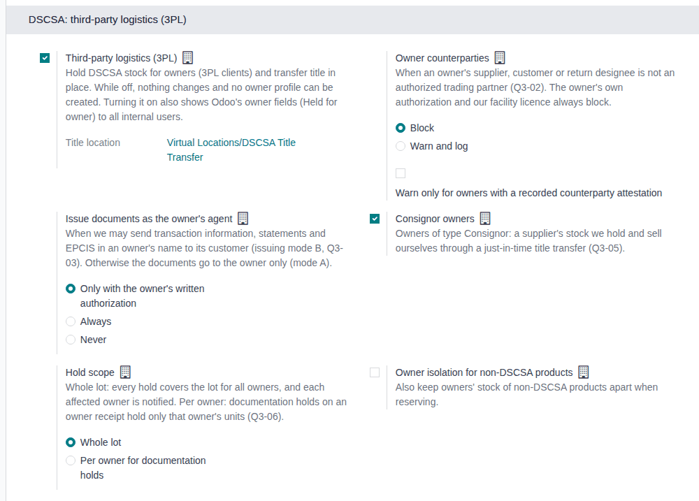 Screenshot of the 3PL settings block after Save: the switch selected, the Title location and the policies at their defaults.
