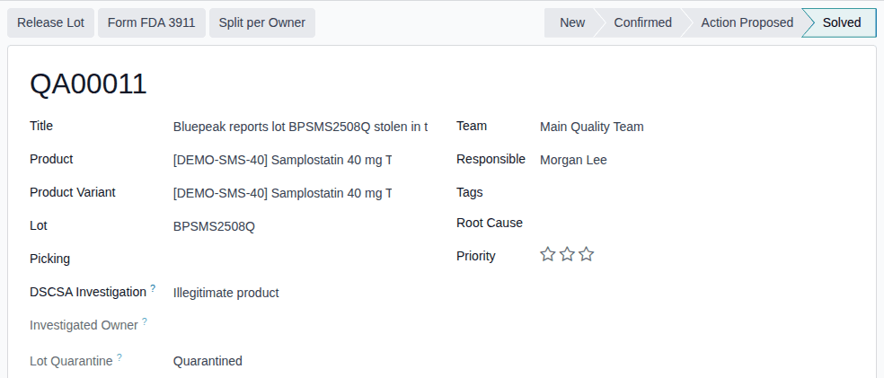 Screenshot of investigation QA00011 in the stage Solved, with Lot Quarantine still Quarantined.