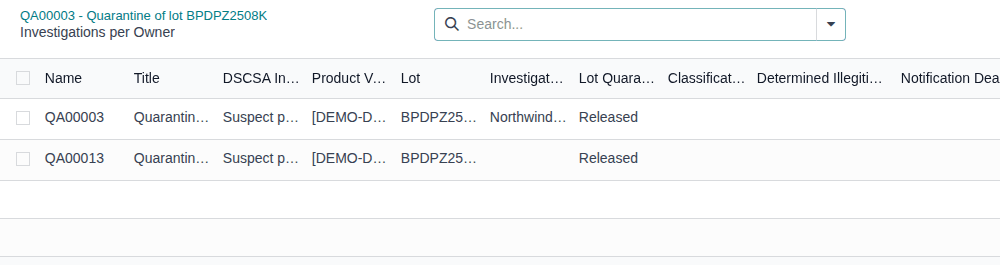 Screenshot of the Investigations per Owner list: QA00003 with owner Northwind, and a new investigation of lot BPDPZ2508K without owner.