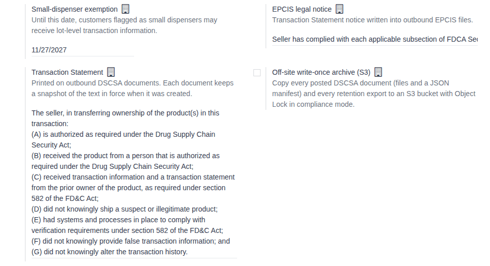 Screenshot of the DSCSA settings with the default EPCIS legal notice and Transaction Statement texts.